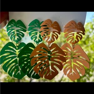 Tropical Monstera Palm Leaf Earrings Set | Green & Orange Boho Chic Jewelry